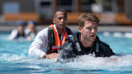 Lifeguard Training Drill in Progress at Pool