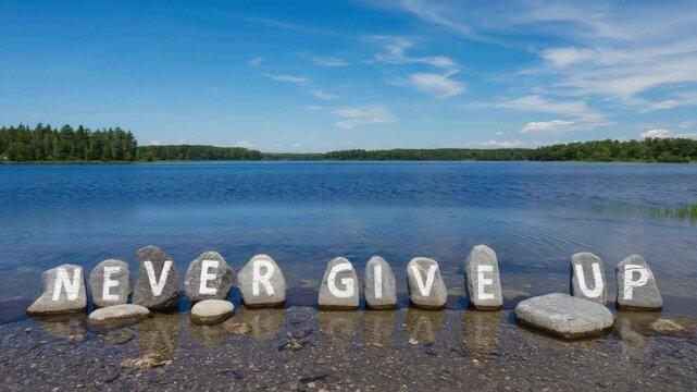 Stones arranged in a motivational phrase 'NEVER GIVE UP' on a calm lake with clear blue skies and distant mountains.