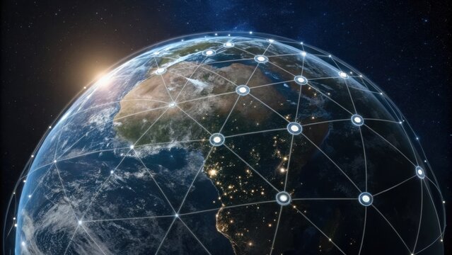 Digital network connections encircle Earth from space, symbolizing global communication and connectivity.