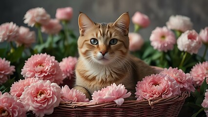 A cute cat is sitting in a basket of pink flowers.