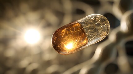 Sunlight through a vitamin D capsule with blurred cells, symbolizing health and longevity science