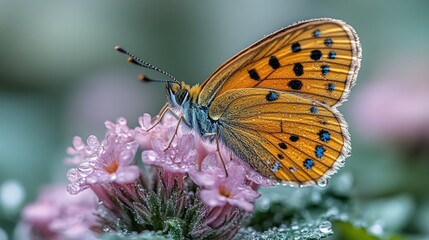 Obraz premium Delicate butterfly on dewy pink flower, soft bokeh background
