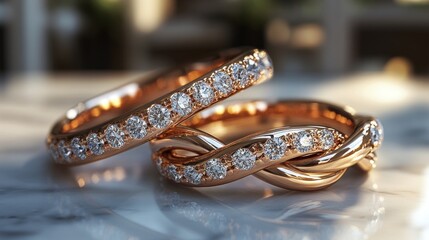 Rose gold diamond rings on marble, elegant display, blurred garden background