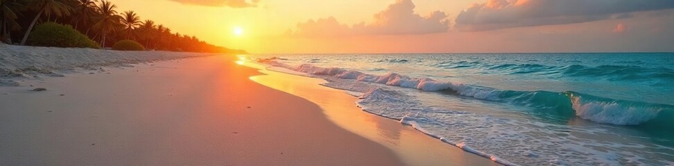 Obraz premium A pristine, deserted beach at sunset; the tide gently receding, leaving behind a delicate line of fine, white sand Perfect for relaxation, travel, and nature-themed projects , pristine, unblemished