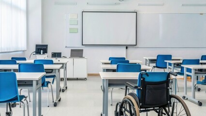 A modern classroom with blue chairs, white desks, a wheelchair, and digital teaching equipment, emphasizing accessibility and inclusivity.