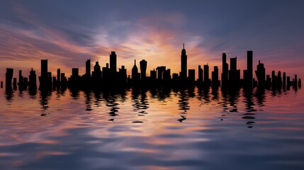 Flooded city skyline at dusk with distorted reflections, symbolizing climate migration and rising waters