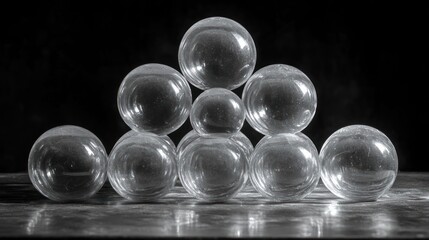 Stacked glass spheres, studio shot, black background, geometric design