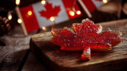 A red maple leaf cookie on a wooden plate with sugar crystals, Canadian flag bunting behind; celebrating Canada Day with sweet tradition