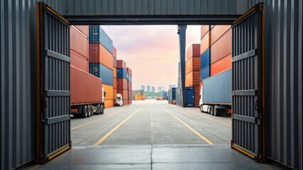 Fototapeta premium Shipping containers and trucks at an industrial freight yard viewed through open warehouse doors at sunset.