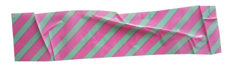 Crumpled torn pieces of pink and green diagonal stripes pattern packing tape, adhesive sealing tape, sticky torn plastic on transparent background