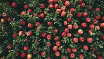 Aerial view of red apple orchard with space for text
