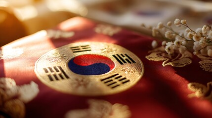 Taegeuk symbol on silk with mugunghwa flowers, celebrating Korean Liberation Day in traditional elegance