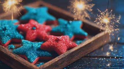 Sparkling red and blue star cookies on a wooden tray with golden fireworks on silverware, celebrating patriotic spirit