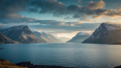 Fototapeta premium A stunning landscape featuring sea and mountains, sun and water - the northern paradise on Earth.