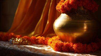 Vibrant marigold garlands on a brass urn with saffron silk and henna details, celebrating India's Independence Day spirit