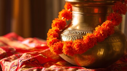 Vibrant marigold garlands on a brass urn with saffron silk and henna details, celebrating India's Independence Day spirit