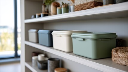 Modern interior shows home storage boxes on shelf elegantly. AI generated.