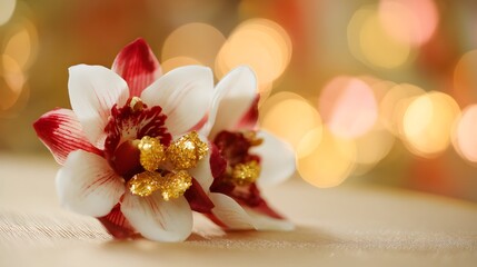 Red and white orchid corsage with golden details, celebrating Singapore National Day with festive elegance