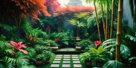 Obraz premium Beautiful tropical garden with various plants, including ferns and bamboo trees, and empty space for text.