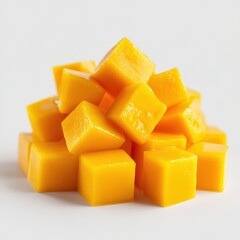 Fresh mango cubes isolated on white background.