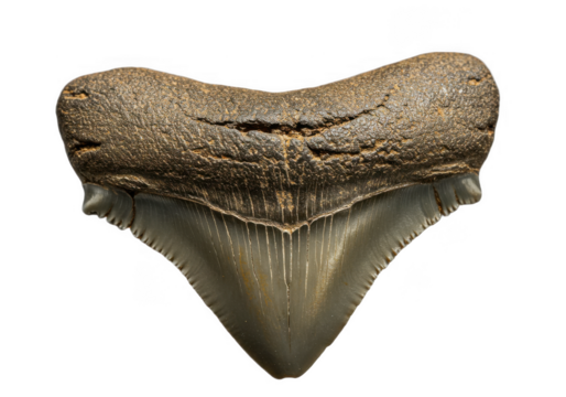 Fossil megalodon shark tooth isolated on black, transparent background