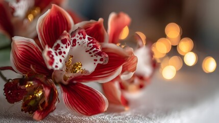 Red and white orchid corsage with golden details, celebrating Singapore National Day with festive elegance