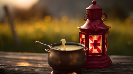 Glowing red Swiss lantern beside cheese fondue, white cross on rustic wood. Celebrating tradition with warmth and alpine charm