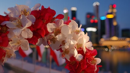 Vibrant red-and-white orchid wreath with golden accents, symbolizing Singapore's national pride and unity
