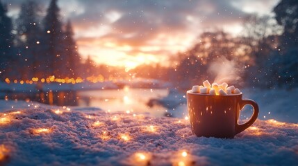 Snowy winter evening, warm cocoa, glowing lights, by a stream