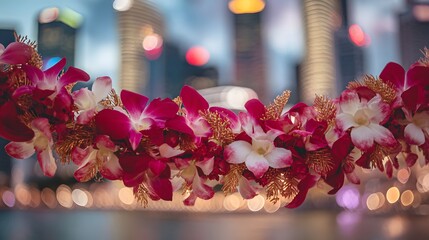 Vibrant red-and-white orchid wreath with golden accents, symbolizing Singapore's national pride and unity