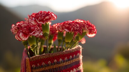 Red-and-white carnations in an Andean pouch, celebrating Peruvian Independence Day with warmth and tradition