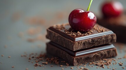 Dark chocolate squares, cherry, cocoa, dessert, food photography, table, background, culinary