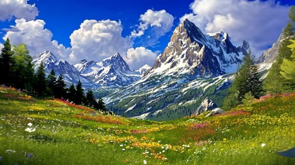 Meadow with flowers in mountains in front alps mountains karwendel austria alps mountains time lapse video footage in 4K. - Powered by Adobe