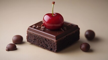 Delicious chocolate brownie with cherry on a beige background, scattered chocolate balls