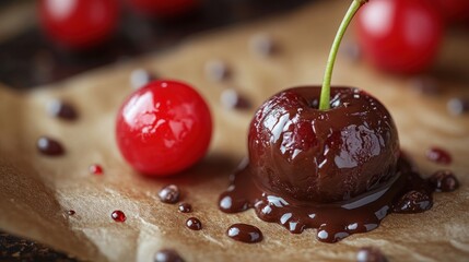 Chocolate-covered cherries on parchment paper, with scattered chocolate chips and more cherries in the background