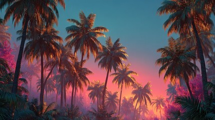A tropical beach at dusk, palm trees swaying against a sky streaked with magenta and turquoise, tranquil and exotic