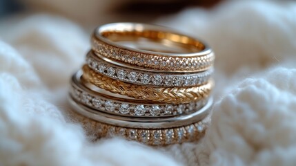 Stacked gold and diamond rings on white knitted fabric
