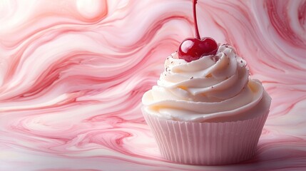 Elegant cupcake with cherry atop swirling pink background