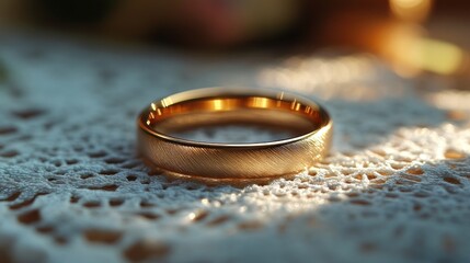 Golden wedding ring on lace, sunlight, blurred background
