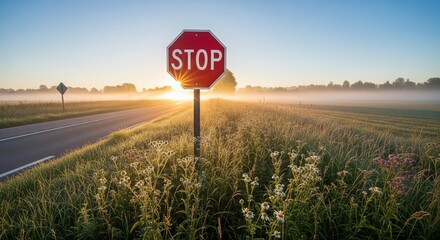 Classic red stop sign on a quiet rural road at sunrise, surrounded by tall grass and light morning mist
