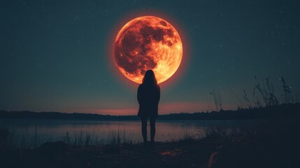 Woman silhouetted, gazing at blood moon, lakeside, night