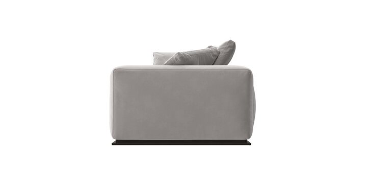 gray velvet sofa side view isolated.