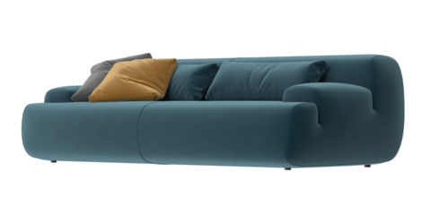 blue velvet sofa angled view isolated.