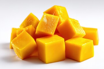 Fresh mango cubes isolated on white background.