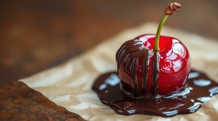 Chocolate-covered cherry on parchment paper, rustic wooden table background
