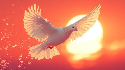 White dove in flight at sunset