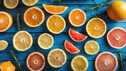 Slices of orange, lemon, and grapefruit arranged on a blue wooden surface with rosemary, featuring empty space for text.