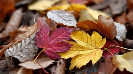 Pile of autumn maple leaves shows vibrant colors textures. AI generated.