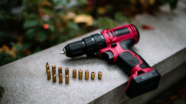 Cordless drill resting on a stone surface next to a row of gold-colored drill bits in a garden setting during daylight