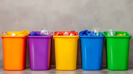 Five colorful recycling bins lined up against a wall, each containing different types of sorted waste.